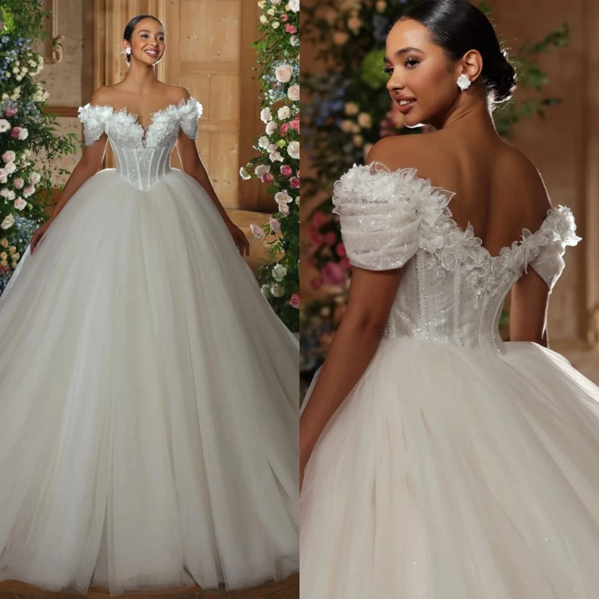 

Elegant Women Wedding Dress Off Shoulder Sleeveless Bridal Gowns 3D Appliques Sequins Sweep Train Dress Customized