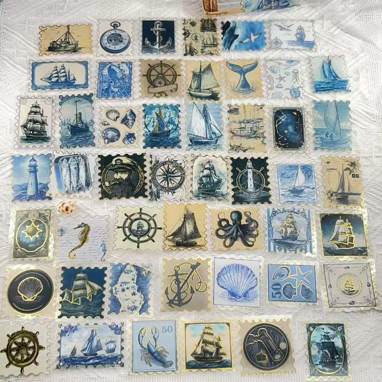 50Pcs/Set  Nautical Stickers Vintage Ocean Marine Postage Stamp PET Waterproof Stickers Sailboat Anchor Lighthouse Decals Gifts