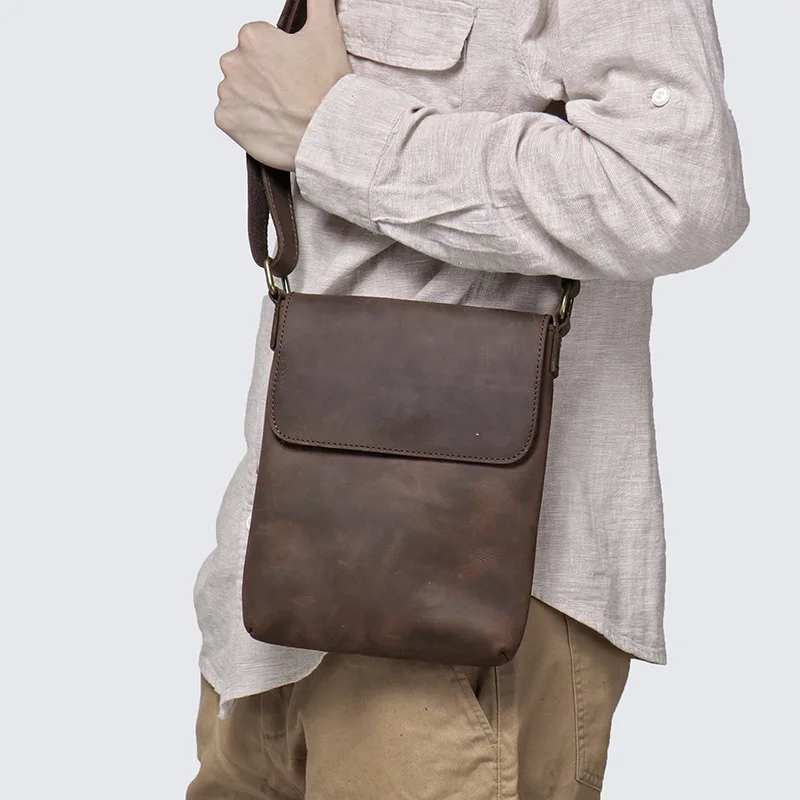 Summer New Men's Genuine Leather Casual Shoulder Bag Crazy Horse Skin Crossbody Backpack Men's Bag Minimalist iPad Bag