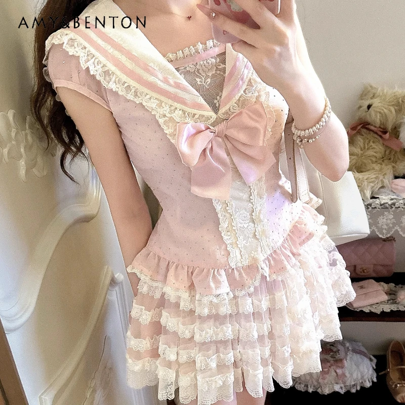 

Original Flash Diamond Bow Navy Style Women's Chiffon Shirt New Sweet Cool Lace Splicing Hollow Out Short-sleeved T-shirt Ladies