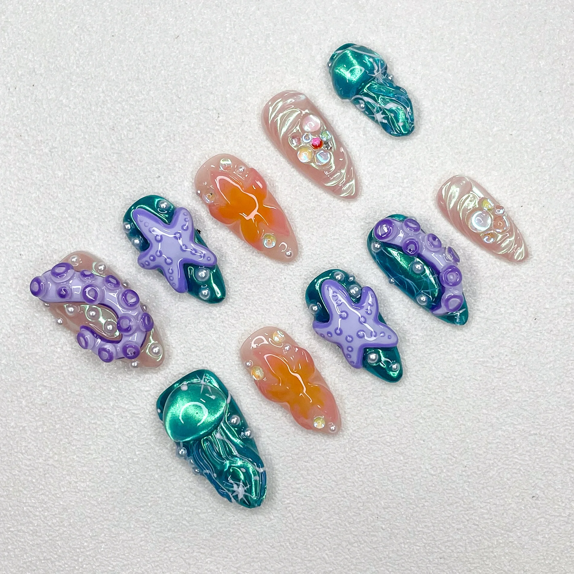 ニューオーシャンシリーズ マニキュア タコ 手描き 3D レリーフ アーモンド型 プレスオンネイル パーソナルデザイン