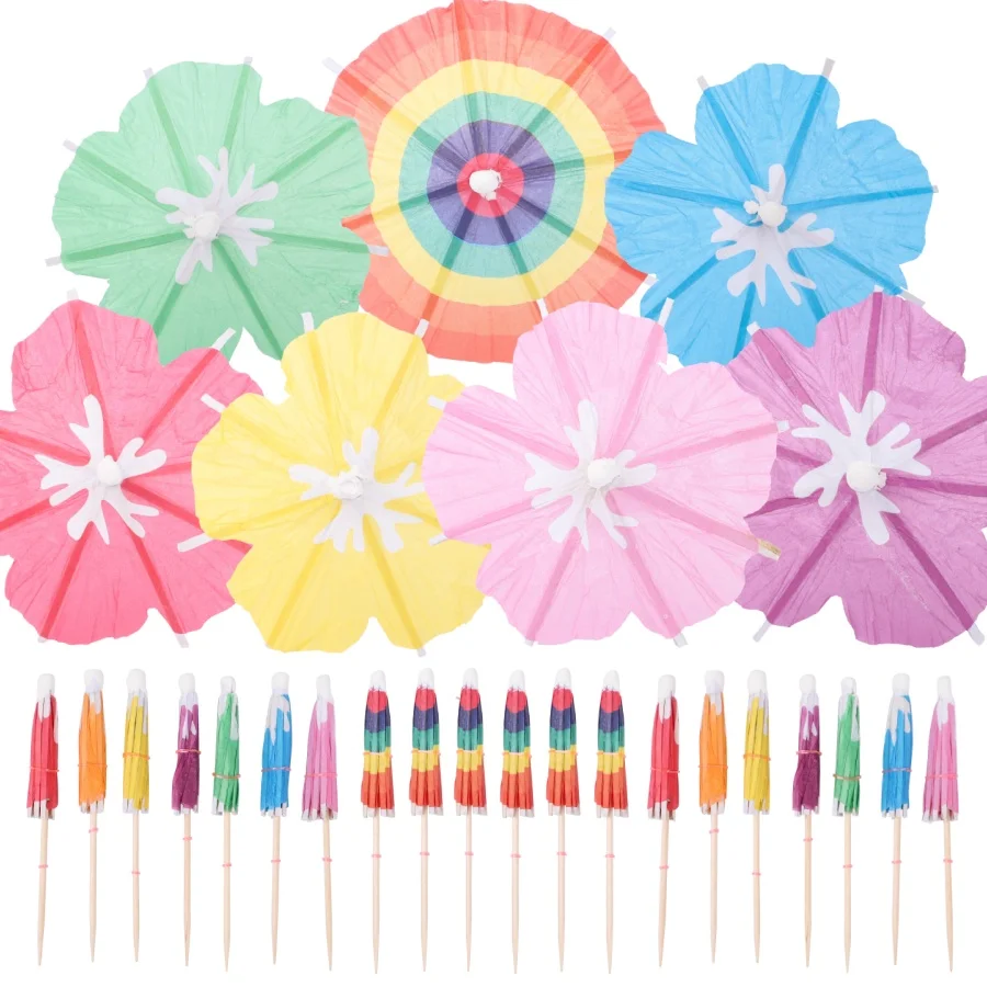 50 Stück Cocktail-Blumenstäbchen mit bunten Blumen, Getränke-Regenschirm, Cocktail-Picks, tropischer hawaiianischer Sommer, Strand, Luau-Party, Zahnstocher aus Holz