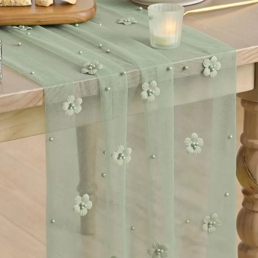 New 75*300CM Tulle Table Runner Polyester Romantic Floral Table Runner Elegant Vintage Sheer Table Cover For Table Decoration