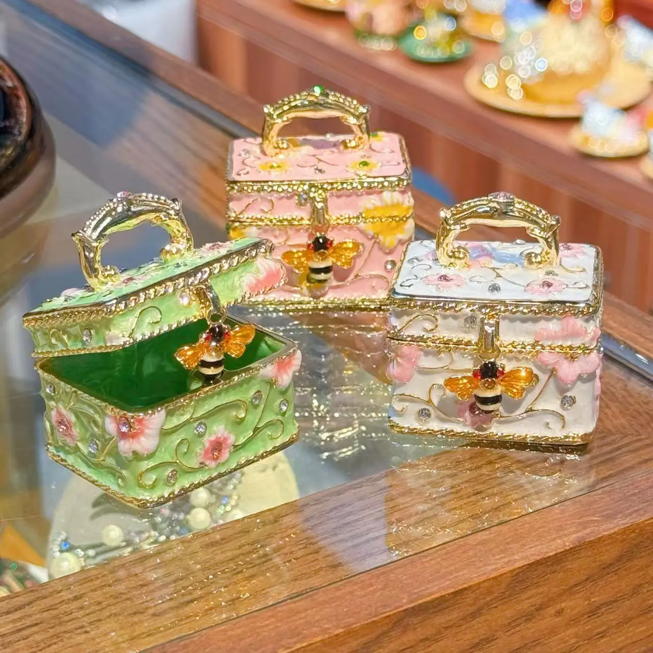 Square Honey Bee  Jeweled Enameled Trinket Box Metal Jewelry Container  Necklace Earring Ring Holder Unique Gift Home Decoration