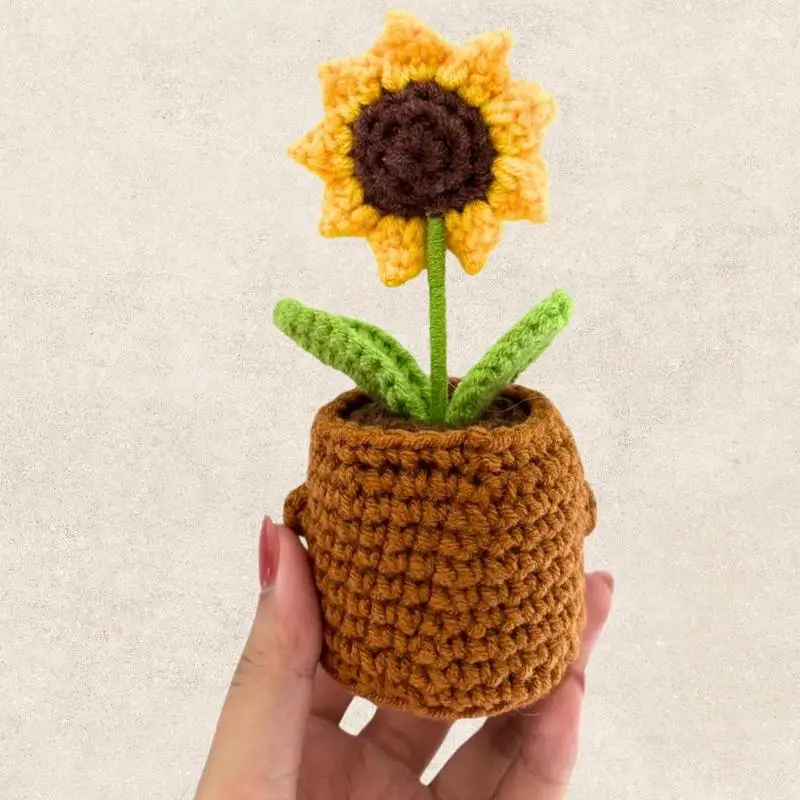 Cute Plush Knitted Sunflower Plush Wool Cheer Up Decor Crochet Desk Decor Plant Knitting Toy for Christmas Stocking Stuffer