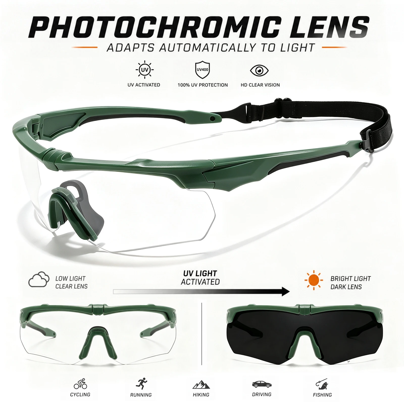 Photochrome Sport-Schutzbrille mit Rundum-Schutz, Komfortable Brille für den Täglichen Gebrauch, Motorradfahren, Jagen und Outdoor-Sport – Detail 8