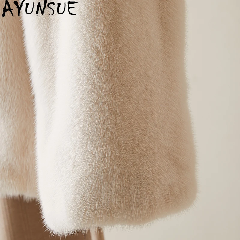 AYUNSUE Naturalne płaszcze z futra norek dla kobiet, beżowe płaszcze zimowe damskie 2025, średniej długości, w stylu koreańskim, odzież damska, pelzmantel damen