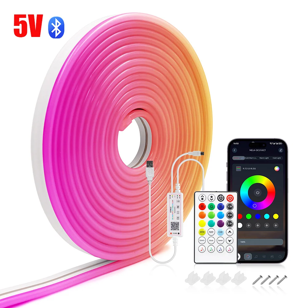 5V Bluetooth RGB CCT Neon LED Light Strip USB 28Keys Remote Control Flexible Waterproof Ribbon 3535 108LEDs/M Home Decoration