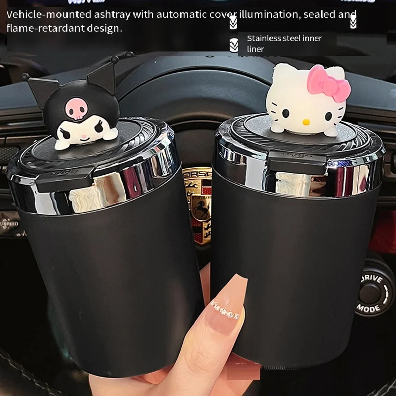 Anime Hello Kitty Car Ashtray with Lid Sanrio Led Light Metal Liner One-Touch Open Car Cup Holder Ashtray Interior Decor Gift