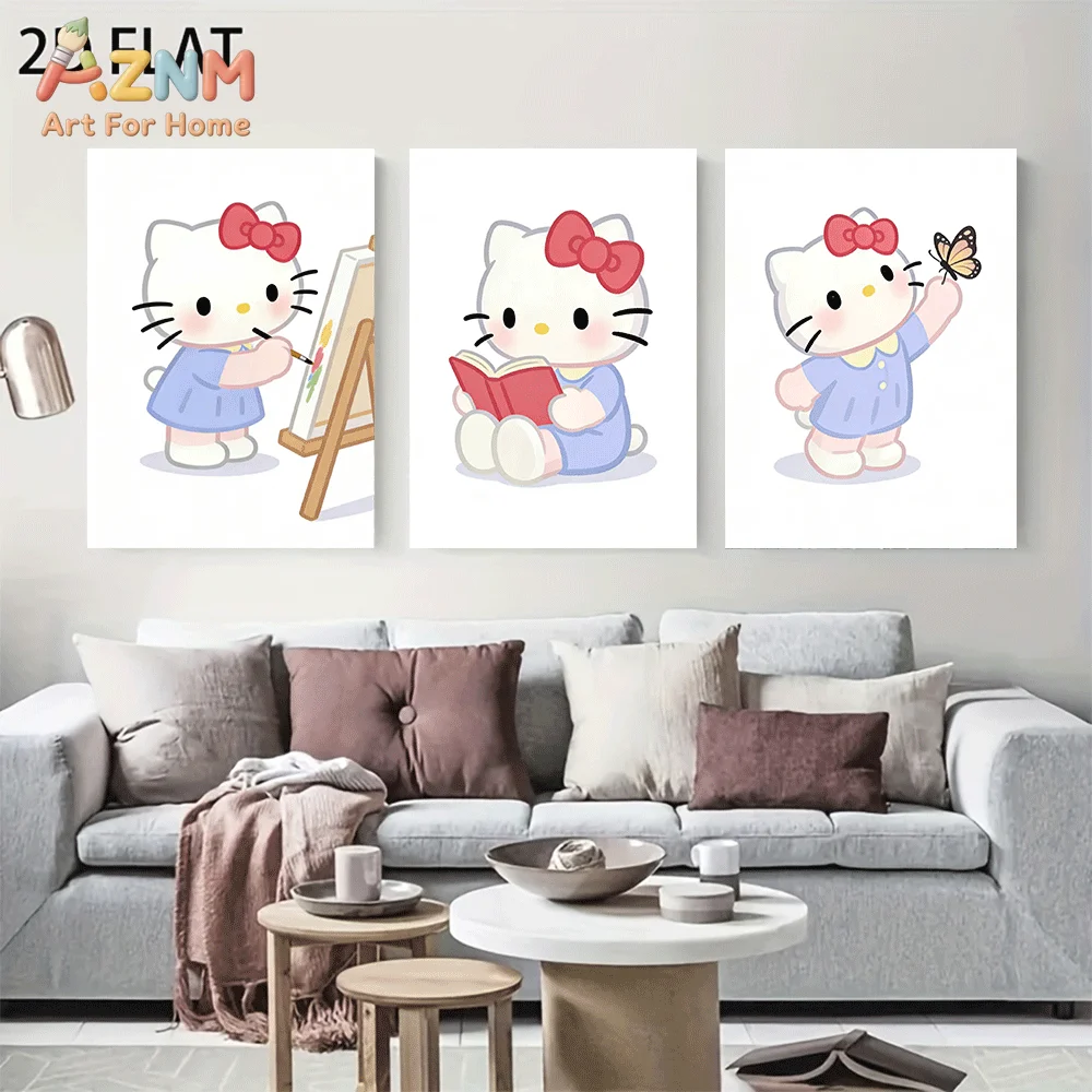 AZNM Hello Kitty Canvas Wall Art Unframed Cute Cartoon Print Poster Painting Easel Reading Book Butterfly Red Bow Design for Gir