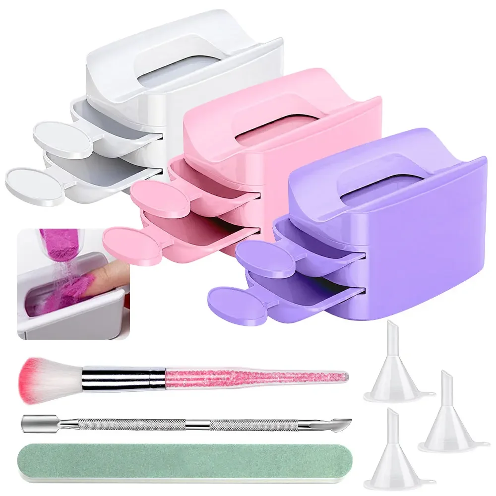 Kit di scatole di immagazzinaggio per accessori per polvere per nail art per unghie Scatola di immagazzinaggio tipo cassetto per polvere con strass glitterati con pennello e imbuto