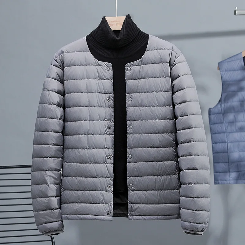 Men's lightweight foldable down jacket for warmth and convenience, stand up collar jacket, travel and leisure outerwear