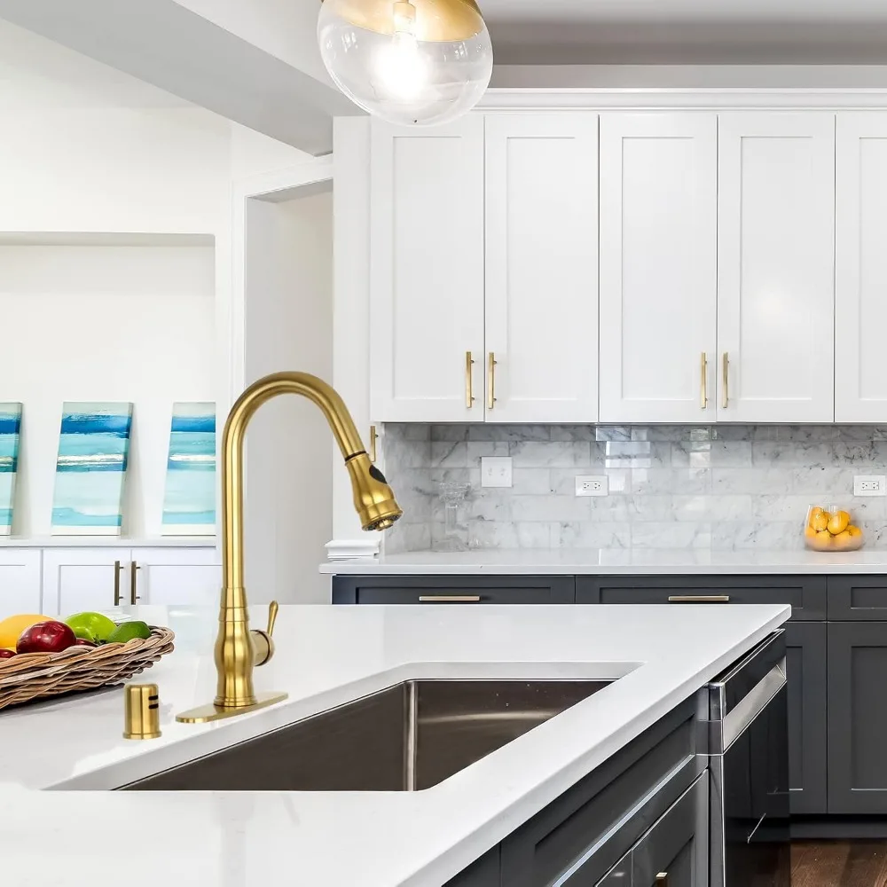 Single Level Solid Brass Pull-Down Kitchen Faucet with Deck Plate in Brushed Gold Finish