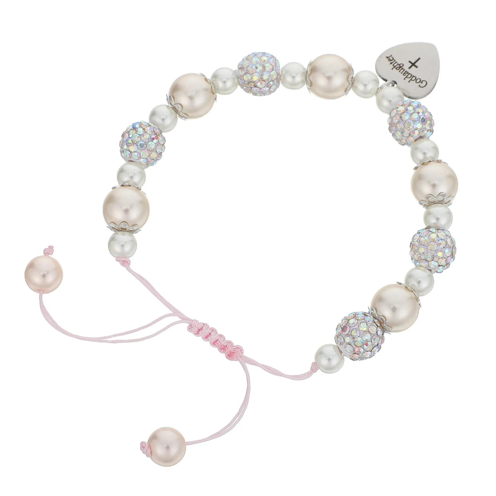 Baptism Bracelet Cross Heart Charm Pendant Adjustable Beaded Religious Jewelry Gift for Goddaughter First Communion Keepsake