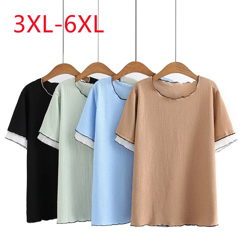 

New 2023 Ladies Spring Summer Plus Size Tops For Women Large Size Short Sleeve O-neck Blue T-shirt 3XL 4XL 5XL 6XL