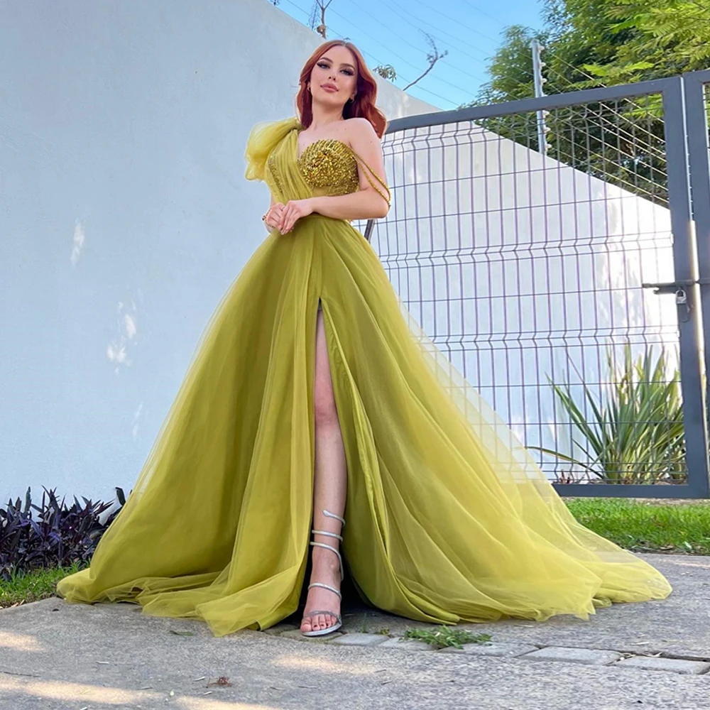 

Elegant Green Tulle Long Prom Dresses High Side Slit Sequined Sparkle Evening Dresses Party Dress For Women 2024 New Arrivial