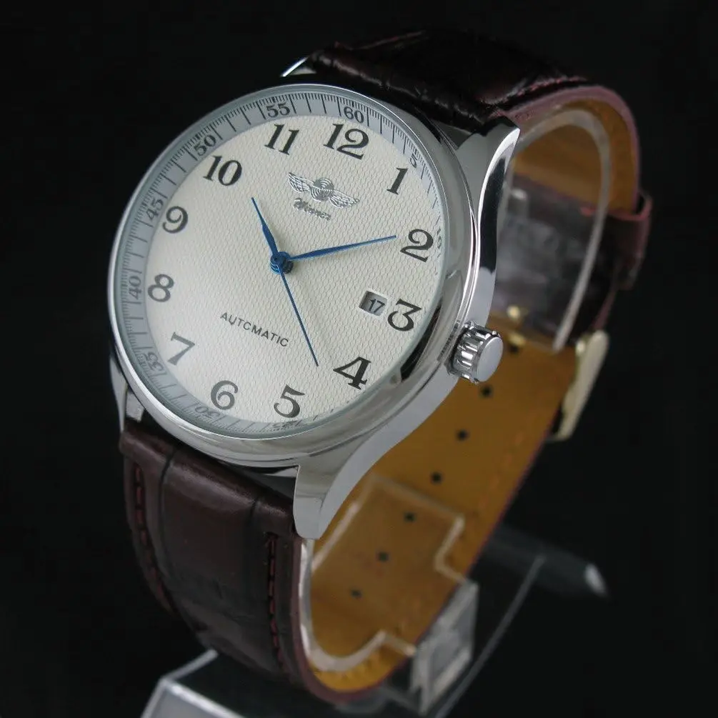 

Lunervia Store VIGOROSO Men's Automatic Mechanical Watch Day Calendar Leather Band Arabic Numerals Wristwatch for Men