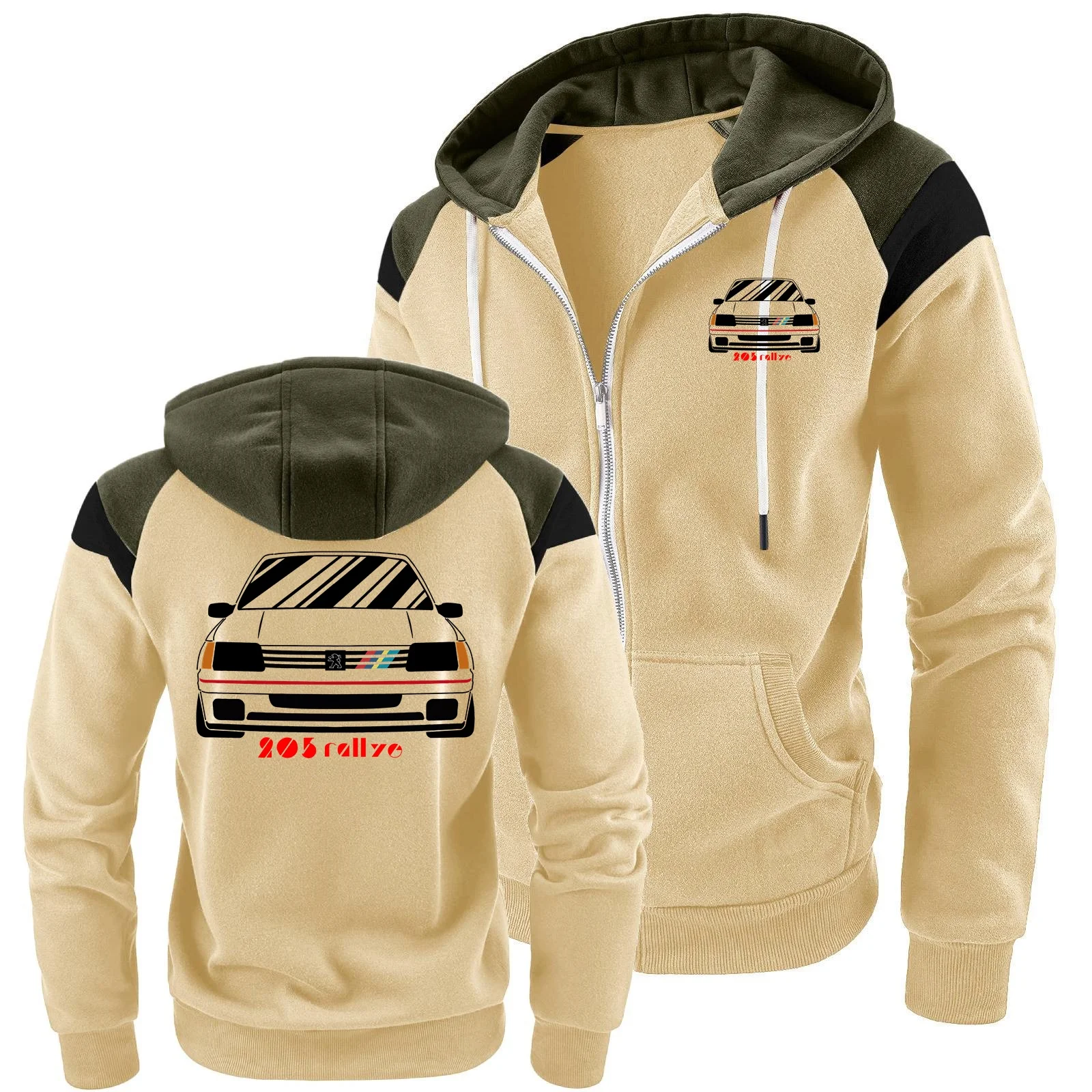Moletom masculino retro wrc 205 gti carro rallye racing masculino hoodies jaqueta bloco contraste roupas esportivas à prova de vento velo casaco com capuz