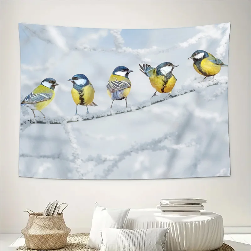 Decorative Wall Tapestry Canvas Hanging Art Print Bird Wildlife Nature Songbird Winter Scene Boho Home Decor Aesthetic Gallery R