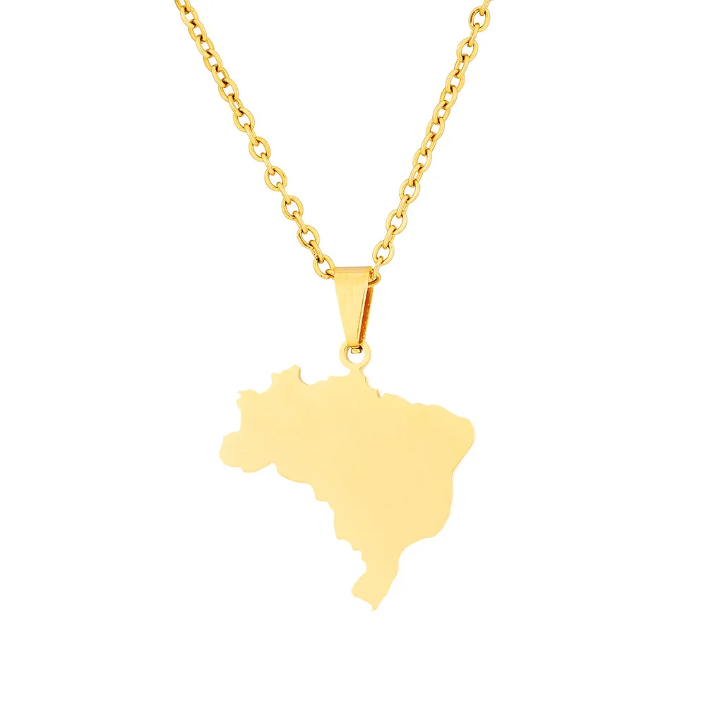 2024 new fashion stainless steel glossy Brazil map pendant necklace temperament everything collarbone chain birthday anniversary