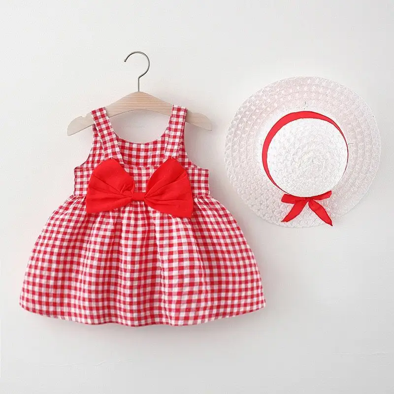 Baby Girls Casual Cute Bow Plaid Print Sleeveless Dress & Breathable Hat Set For Summer Holiday