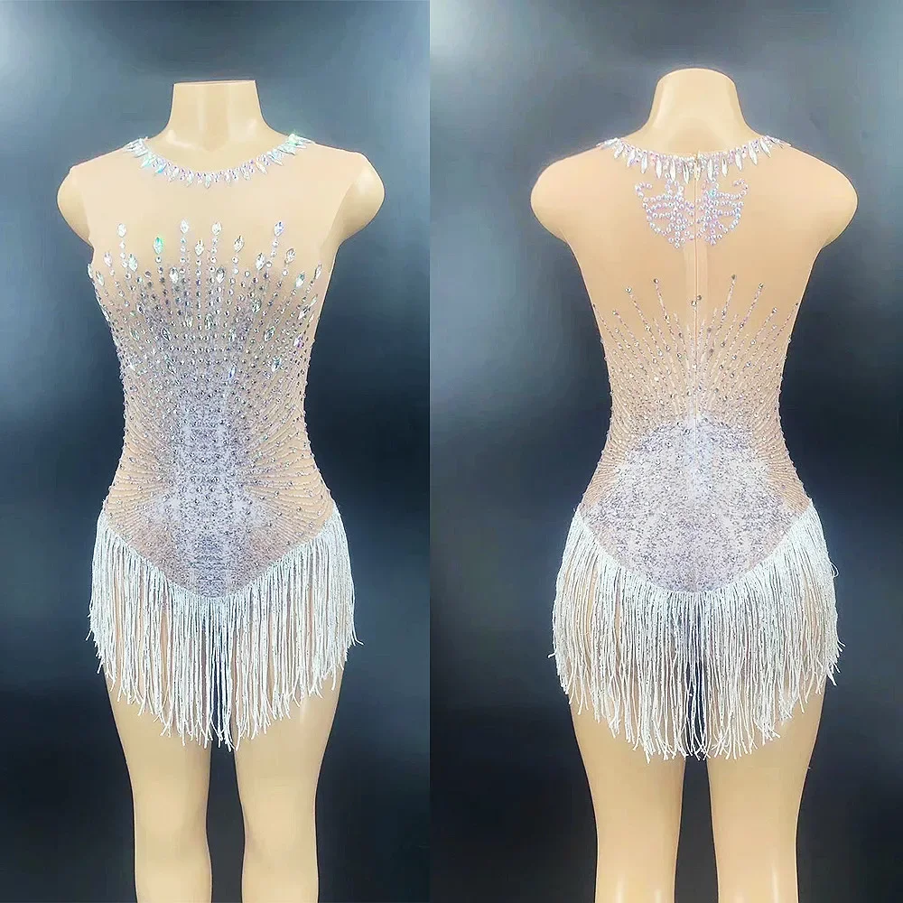 Perspectiva sem mangas borla macacão brilho incrustado diamante frisado feminino bodysuit cantor dança palco wear boate outfit