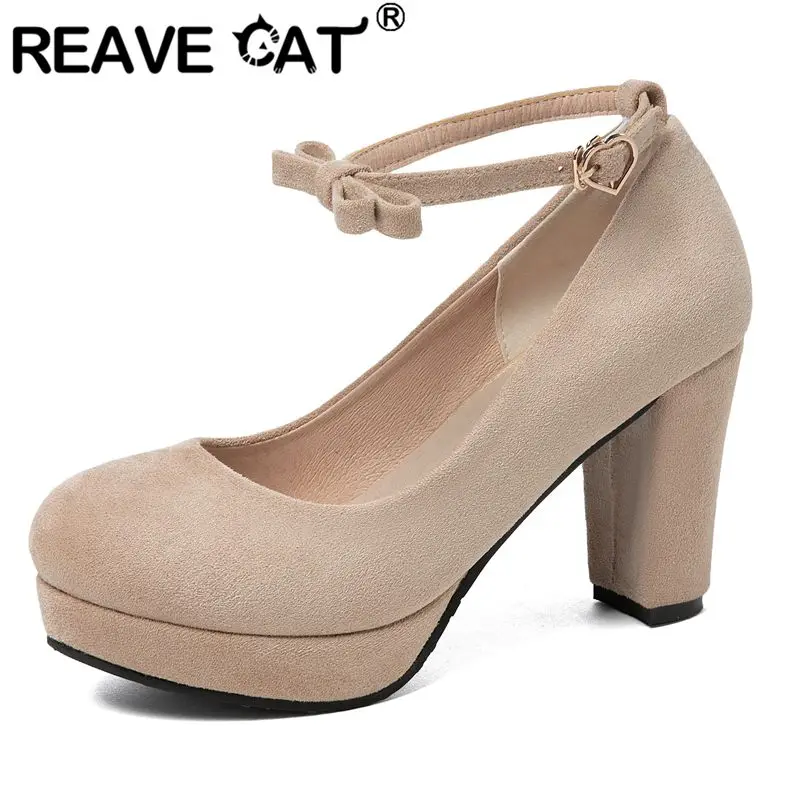 

REAVE CAT 2026 Sexy Women Pumps Round Toe 8.5cm Chunky Heels 2cm Platform Buckle Strap Bowknot Flock Suede Big Size 45 46 47 48