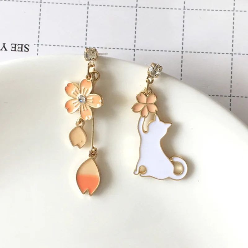 Japan and Korea fashion kitten cat flower asymmetrical long fringed pendant rhinestone painting oil ear stud earrings women