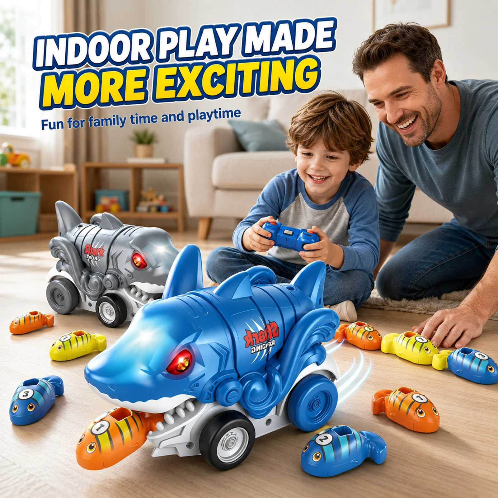 2.4G RC Shark Toy Car Magnetic Fishing Game with LED Light, Kids Interactive Toy, Blue & Gray Optional Gift for Boys & Girls