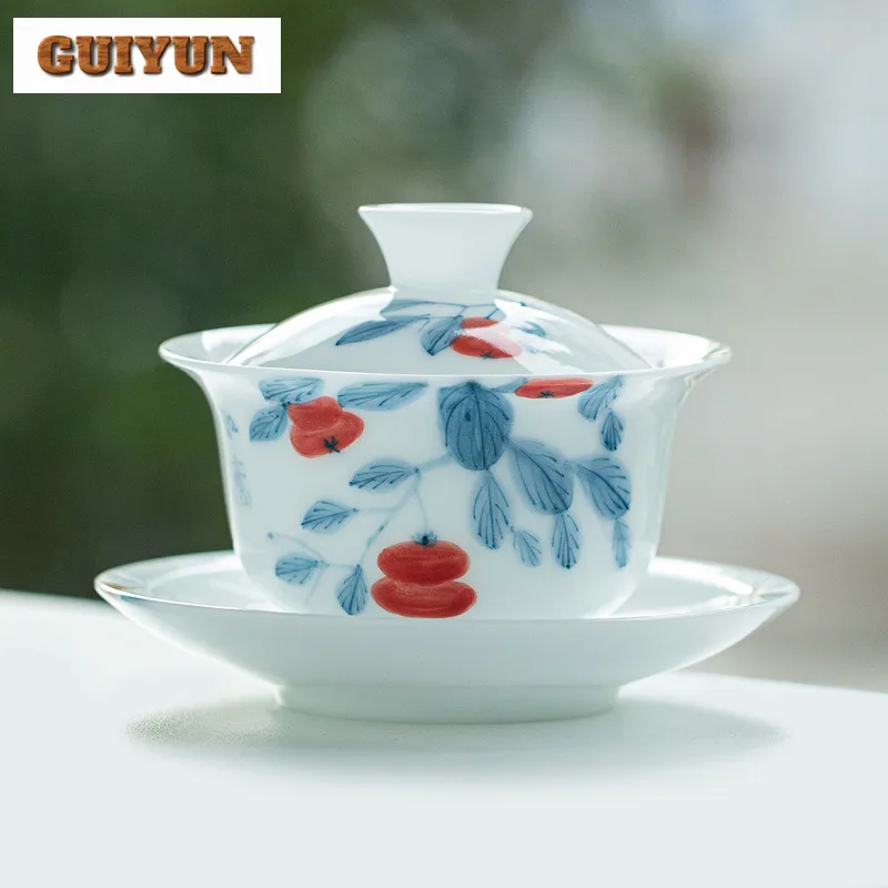 

120ML Hand-painted Persimmon Ice Seed Jade Porcelain Gaiwan Tea Tureen Tea Bowl With Lid Kit Tea Maker Cover Bowl Chinese Teaset