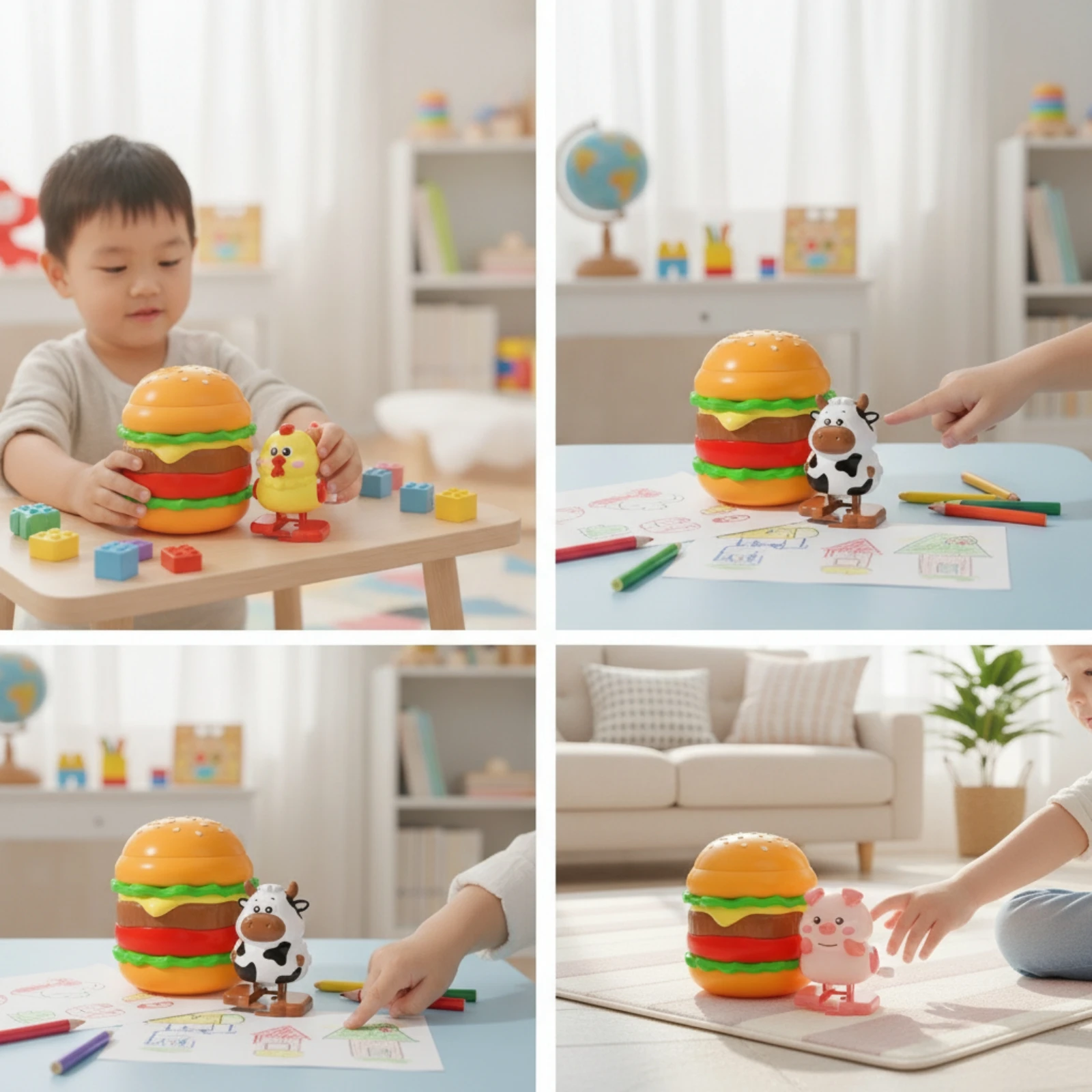 ハンバーガーおもちゃ-キャラクター付き卓上バーガーおもちゃ-かわいいミニサイズ-子供用-プレイタイムに