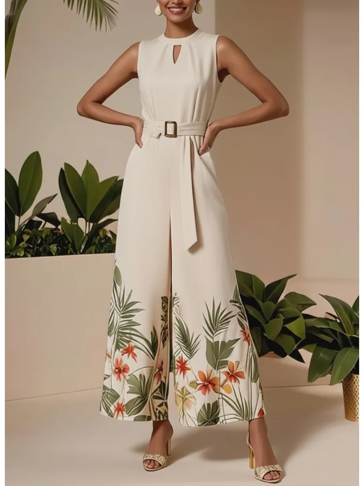 

Женский тропический элегантный бежевый комбинезон с круглым вырезом без рукавов и вырезом с поясом, широкие брюки, повседневный комбинезон для отдыха с принтом
