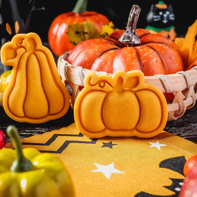 Halloween DIY Cookie Moulds Cartoon Ghost Pumpkin Cat Cookie Stamp Fondant Cake Decoration Tools Hand Pressure Plastic Biscuit