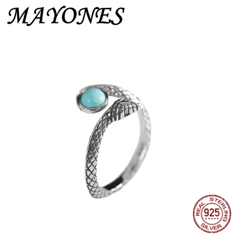 

NEW S925 Pure Silver Natural Turquoise Spirit Snake Ring Fashion Female Personalized Open End Ring