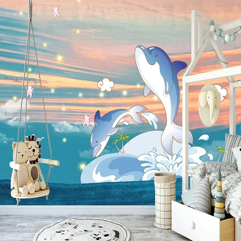 Custom Mural Wallpaper Nordic Ins Hand-painted 3D Cartoon Underwater World Dolphin Children's Room Background Wall Decor Fresco