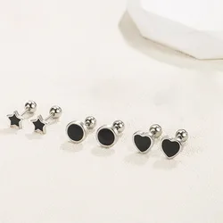 Orecchini a bottone piccoli rotondi con stella a forma di cuore nero in argento sterling 925 per accessori di gioielli di lusso da donna Tendenza 2024 Consegna gratuita