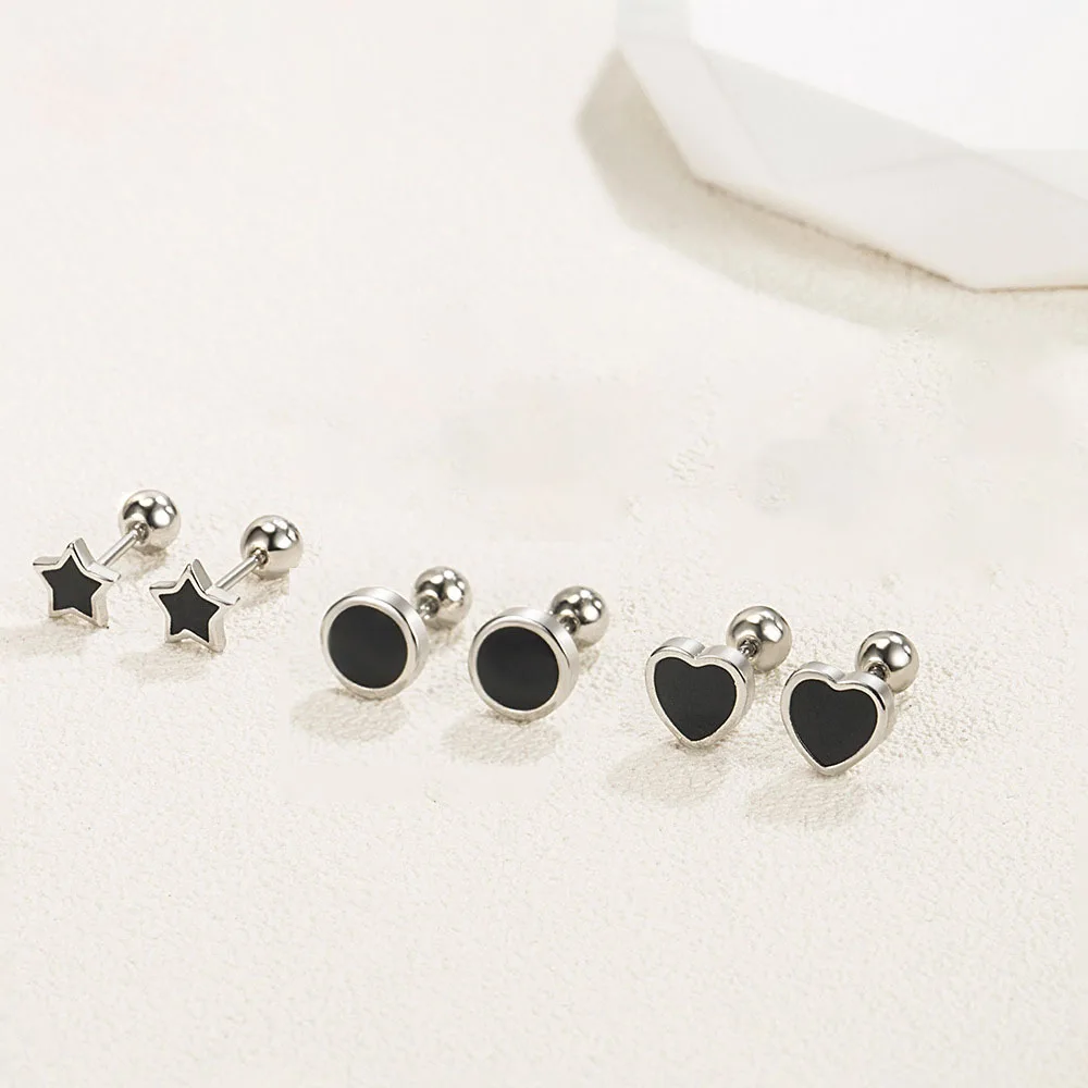 925 Sterling Silver Black heart Star Round Small Stud Earrings dla kobiet Luksusowa biżuteria Akcesoria 2024 Trend Darmowa dostawa