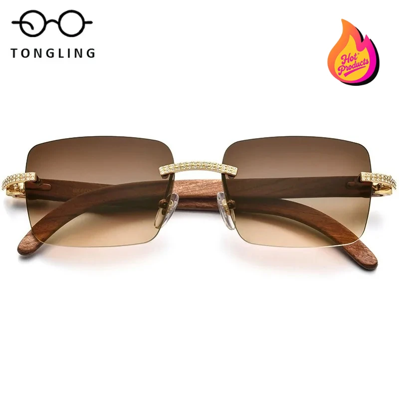 

2025 New fashionable men diamond rosewood handcrafted glasses wooden legs high-end luxury nylon UV-resistant women sunglasses
