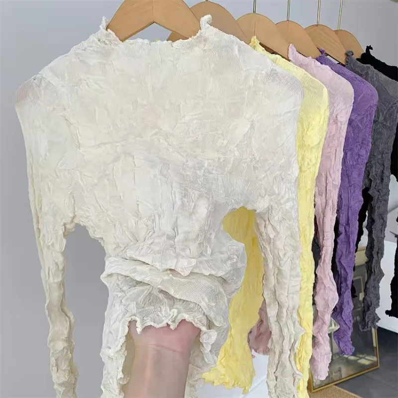  Pleated T-Shirt 2026 Summer New Handmade Fold Long Sleeve Top Slim Stretch Lightweight Semi-Transparent Women's Clothing