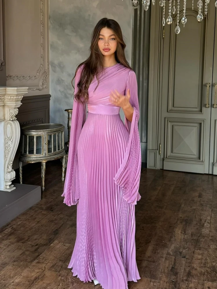 Sexy O Neck Batwing Sleeve Pleated Long Dress Women Rose Pink Long Sleeves Lace-up Floor-Length Dresses Evening Party Prom Gowns