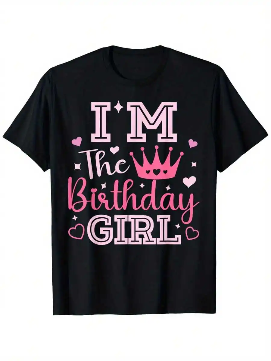 I Am A Birthday Girl 'Cute Pink Matching Family Party T-Shirt - Youth Fashion Cotton T-Shirt, Crown And Heart-Shaped Design, Sho