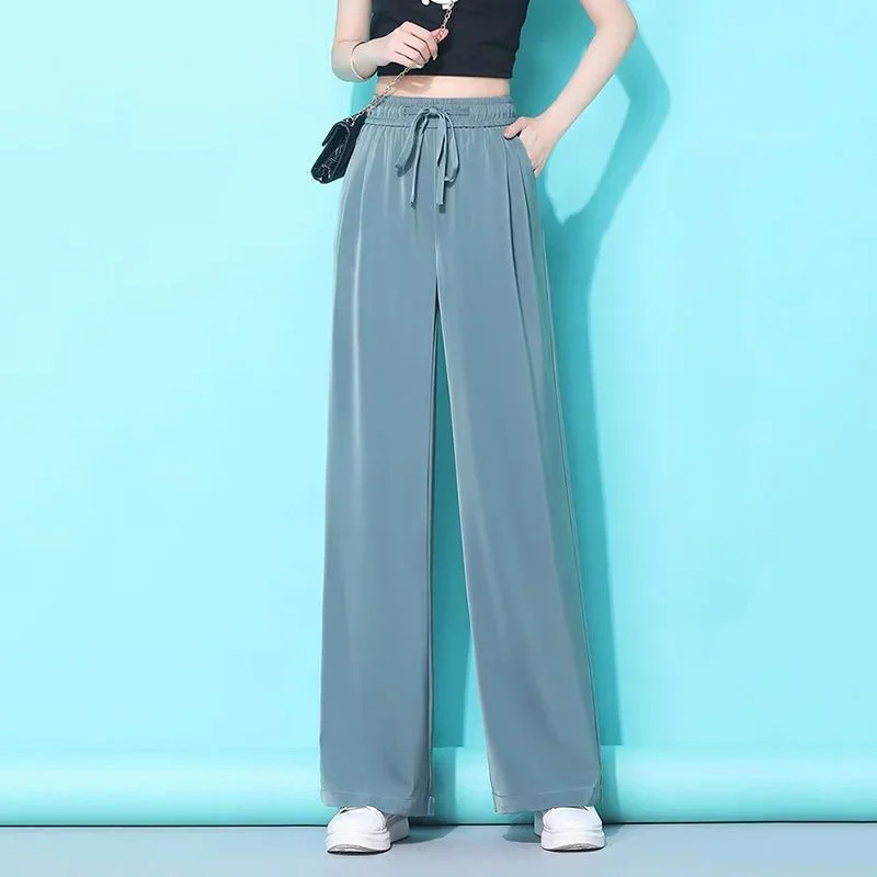 Spring Autumn New Grey Knitted Wide Leg Women Casual Pants High Waist Straight Tube Floor Sweeping Pants