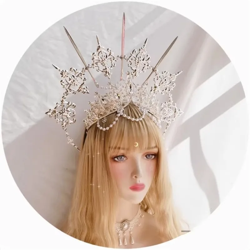 KC Halo couronne Lolita déesse du soleil vierge marie à pointes Halo mariée couronne casque Halloween Costume accessoires Baroque chapeaux