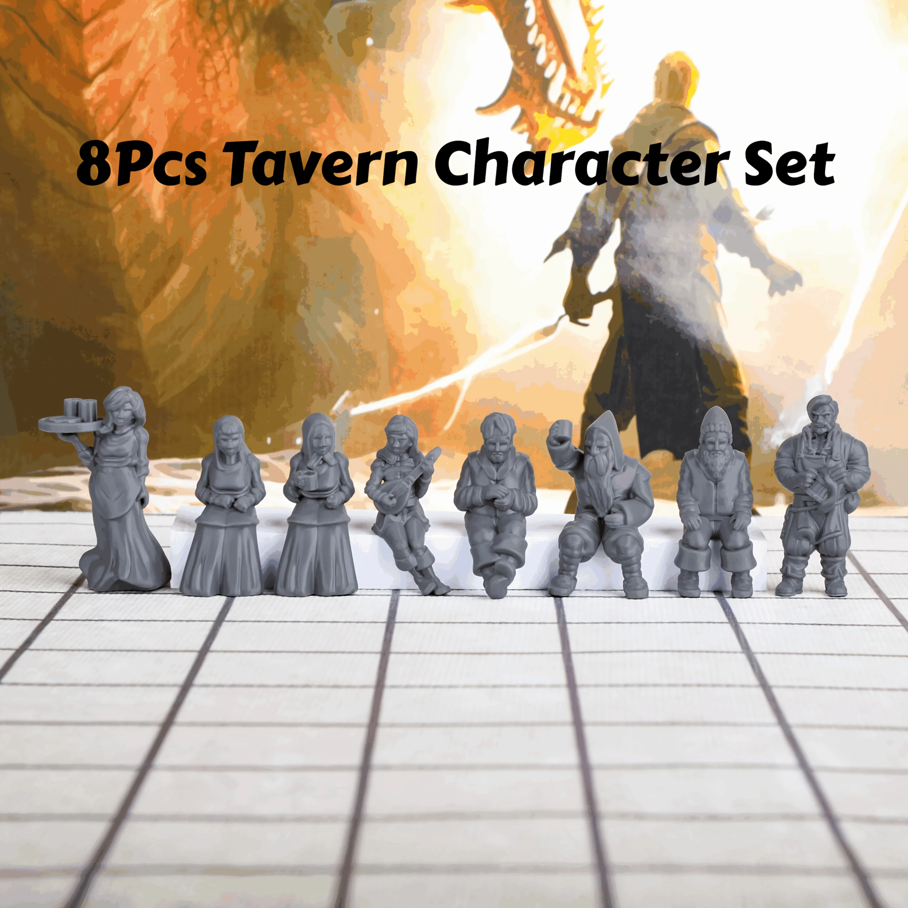 

Набор из 8 миниатюр DND для персонажей таверны, предназначенный для создания сцен TTRPG и игровых полей для настольных ролевых игр