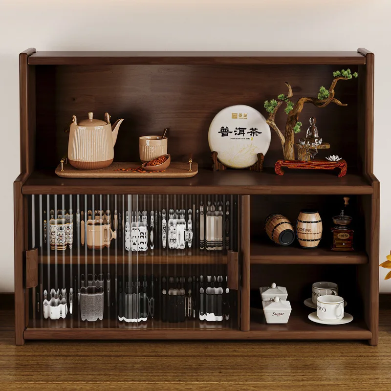 #Solid wood dustproof tea set storage cabinet, kitchen side locker, walnut cup, dish storage, countertop rack