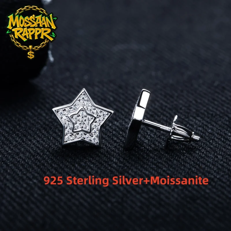 

MossanRappr 0.27cttw Moissanite Iced Out Star Stud Earrings for Men and Women 925 Sterling Silver Hip Hop Earrings Jewelry Gifts