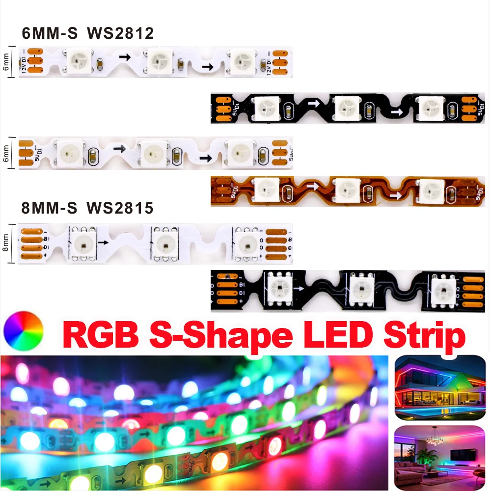 WS2812 WS2815 S Shaped RGBIC LED Strip 5V 12V 6mm 60LEDs/m Addressable Dream Color Bendable Light for Advertising Signboard Chan