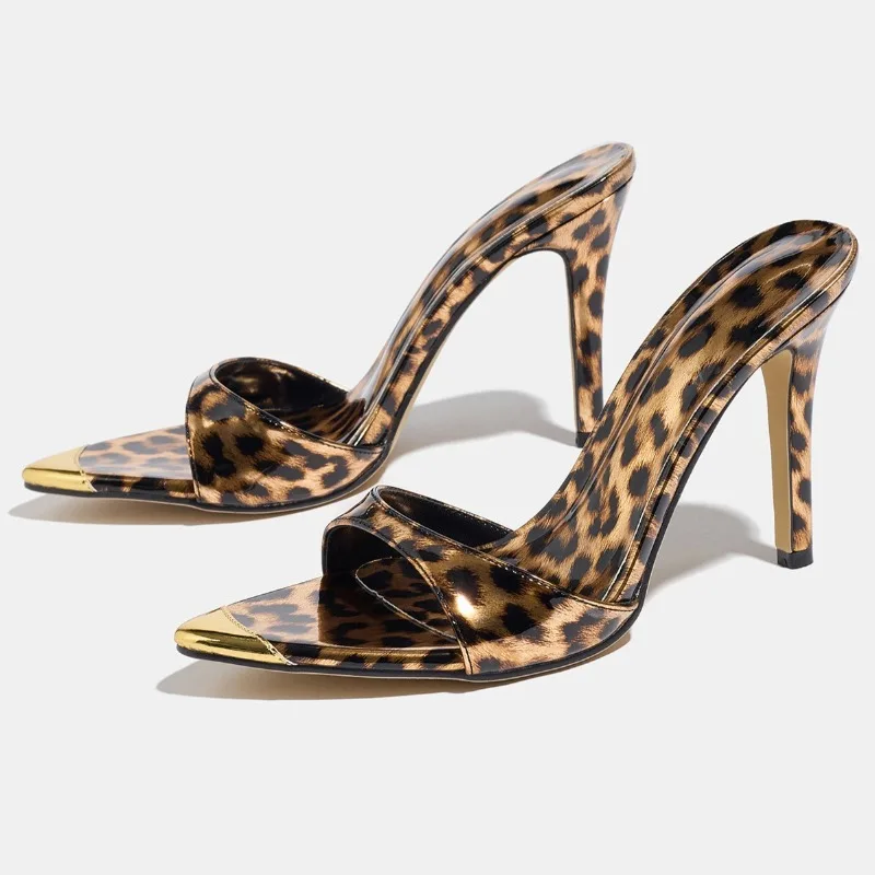 

Sexy Leopard Peep Toe Women Heeled Slippers 2026 New Pointed Toe Slides Ladies Vacation Fashion Designer Mules Sandals Female