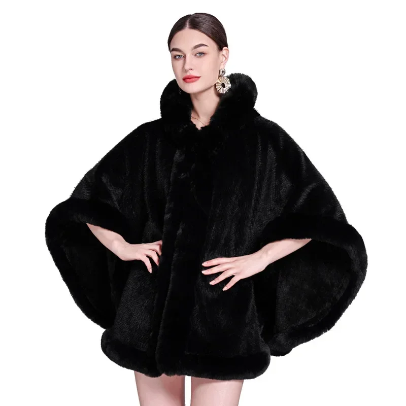 Faux Bontkraag Gebreide Poncho Overjas Grote Slinger Gestreepte Cappa Vrouwen Winter Dik Fluwelen Uitloper Vleermuis Sjaal Mantel Met Hoed