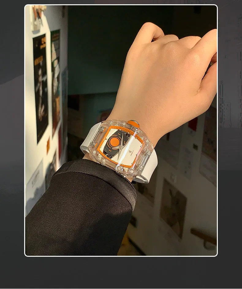 CRONUSART Orologio automatico da uomo Orologio da polso meccanico tonneau di lusso Cassa in cristallo ad alta trasparenza Cinturino in gomma fluorurata luminosa